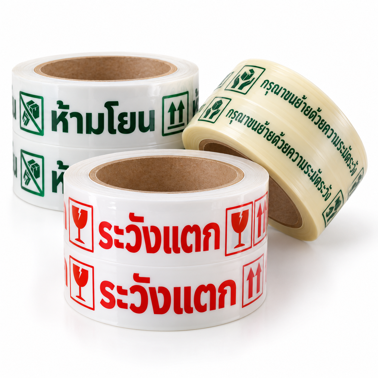 เทปพิมพ์ข้อความระวังแตก ห้ามโยน และคำแนะนำการขนย้ายสำหรับงานจัดส่ง